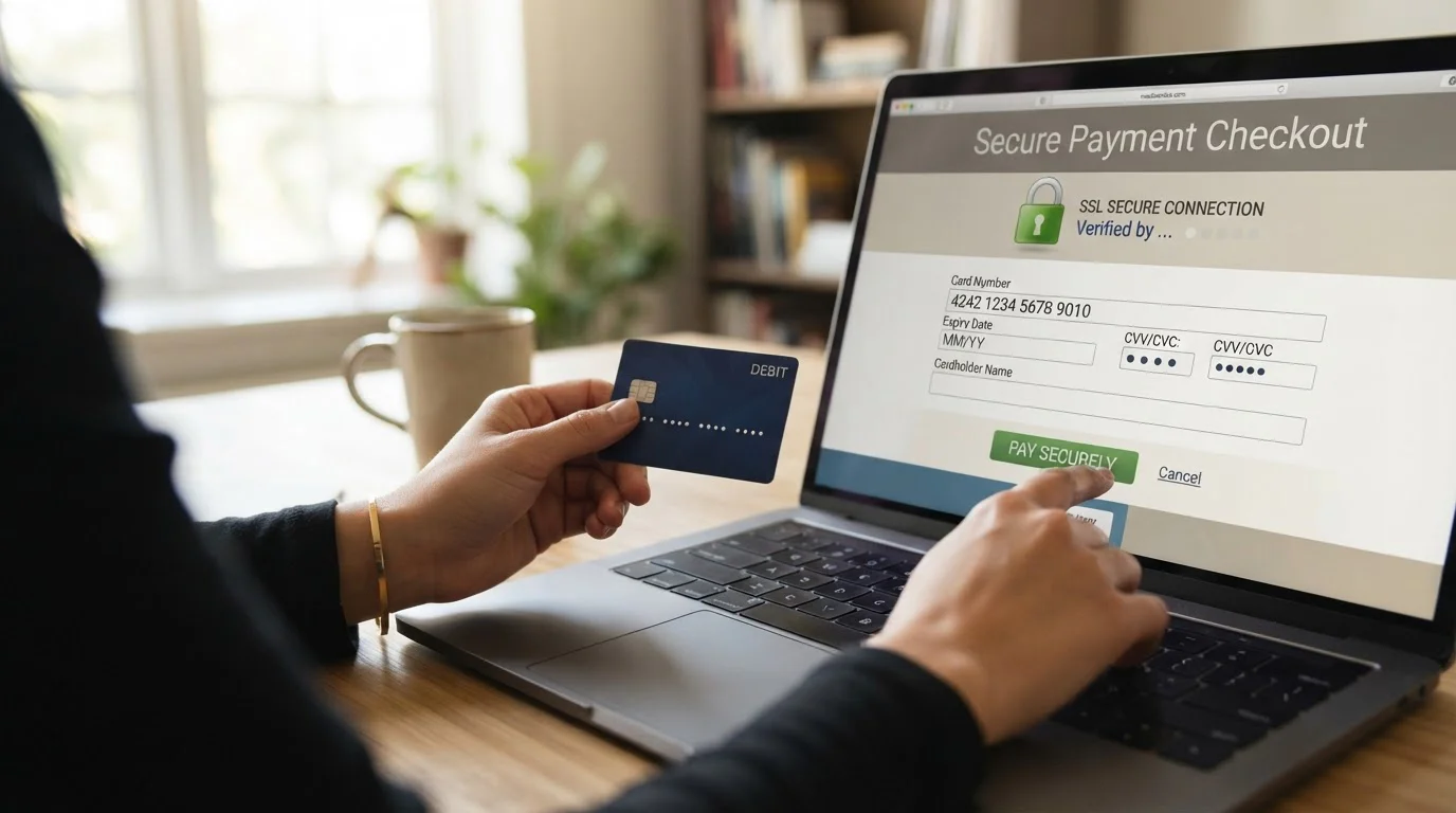 Person entering debit card details into secure casino payment form
