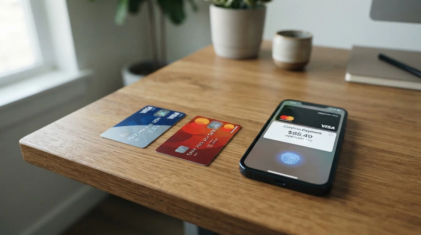 Visa and Mastercard debit cards with mobile phone showing Apple Pay