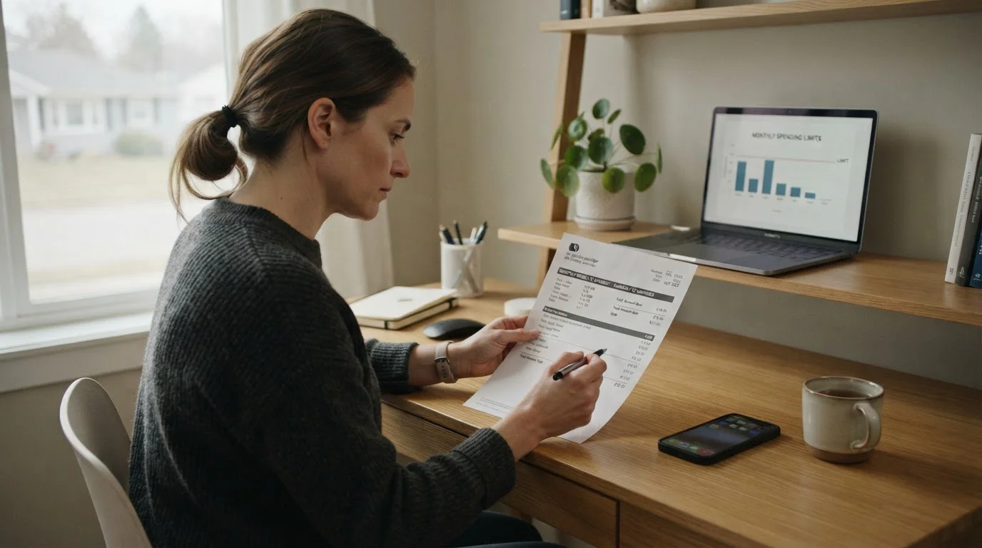 Person reviewing monthly phone bill statement showing deposit limits