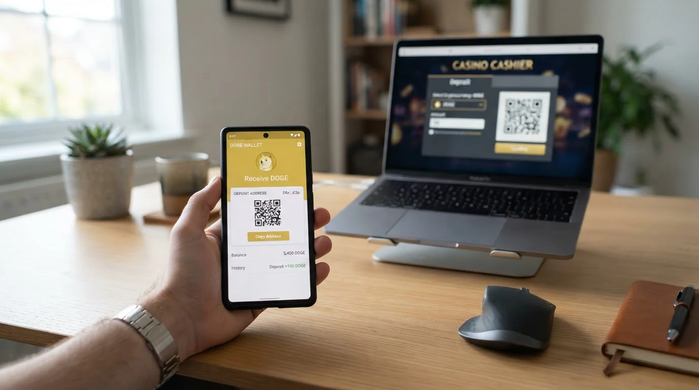 Smartphone displaying Dogecoin wallet interface with deposit address and casino cashier screen on laptop
