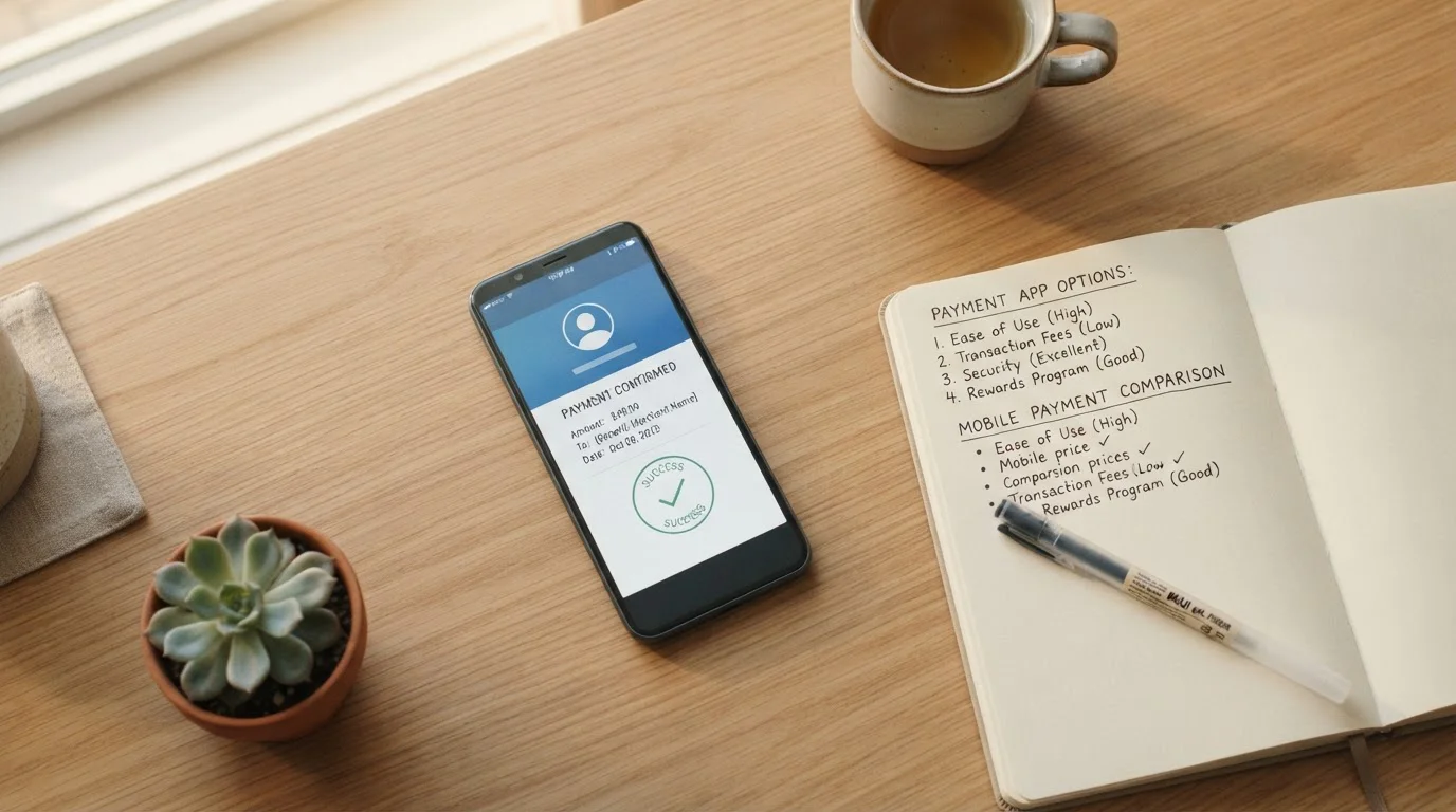 Smartphone showing payment app comparison with notebook on desk