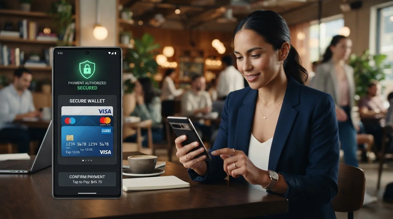 Person using smartphone with digital wallet app showing multiple virtual cards