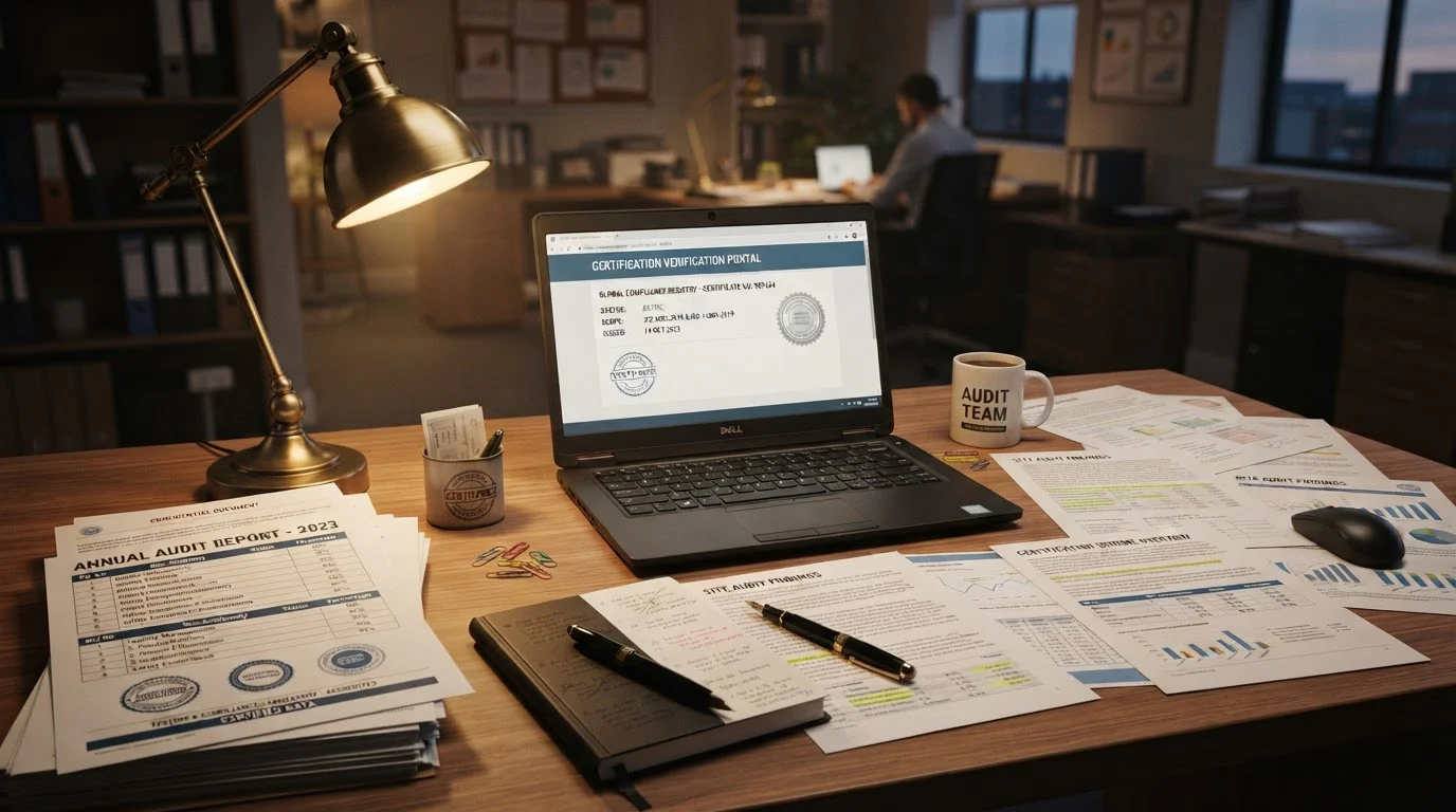 Desk with audit reports and certification documents from eCOGRA and testing laboratories