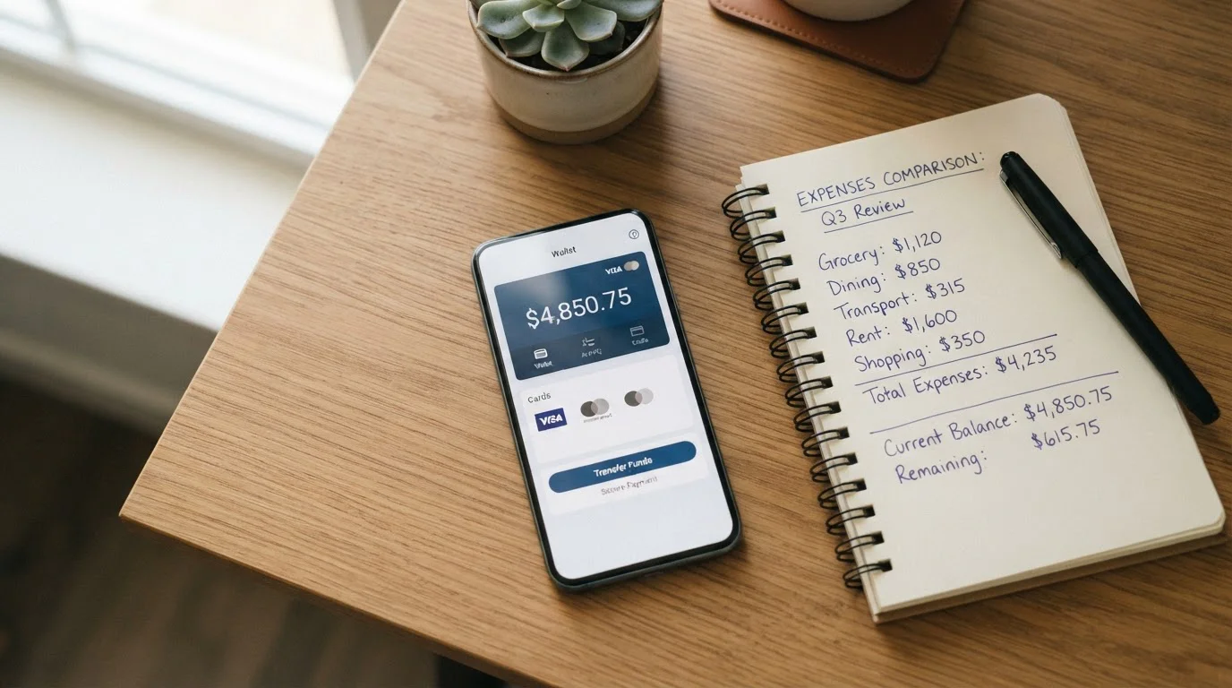 Smartphone displaying a digital wallet balance screen next to a notepad with handwritten comparisons