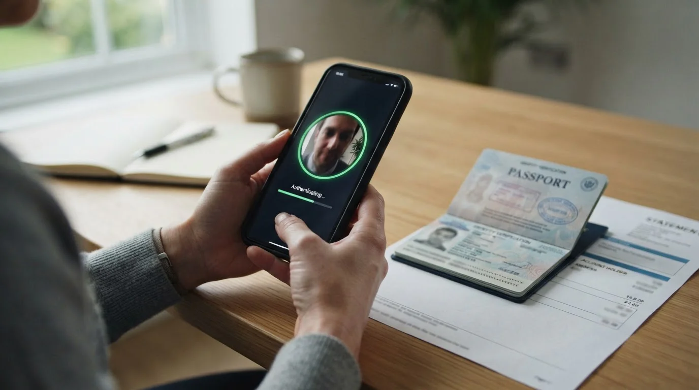 Hands holding a phone mid-authentication beside an open passport and a utility bill