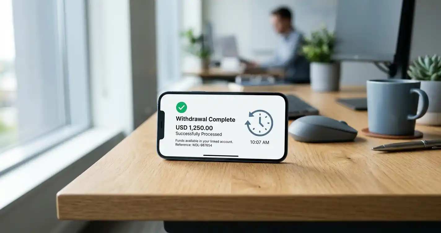 Clock and smartphone showing completed withdrawal notification with fast processing time