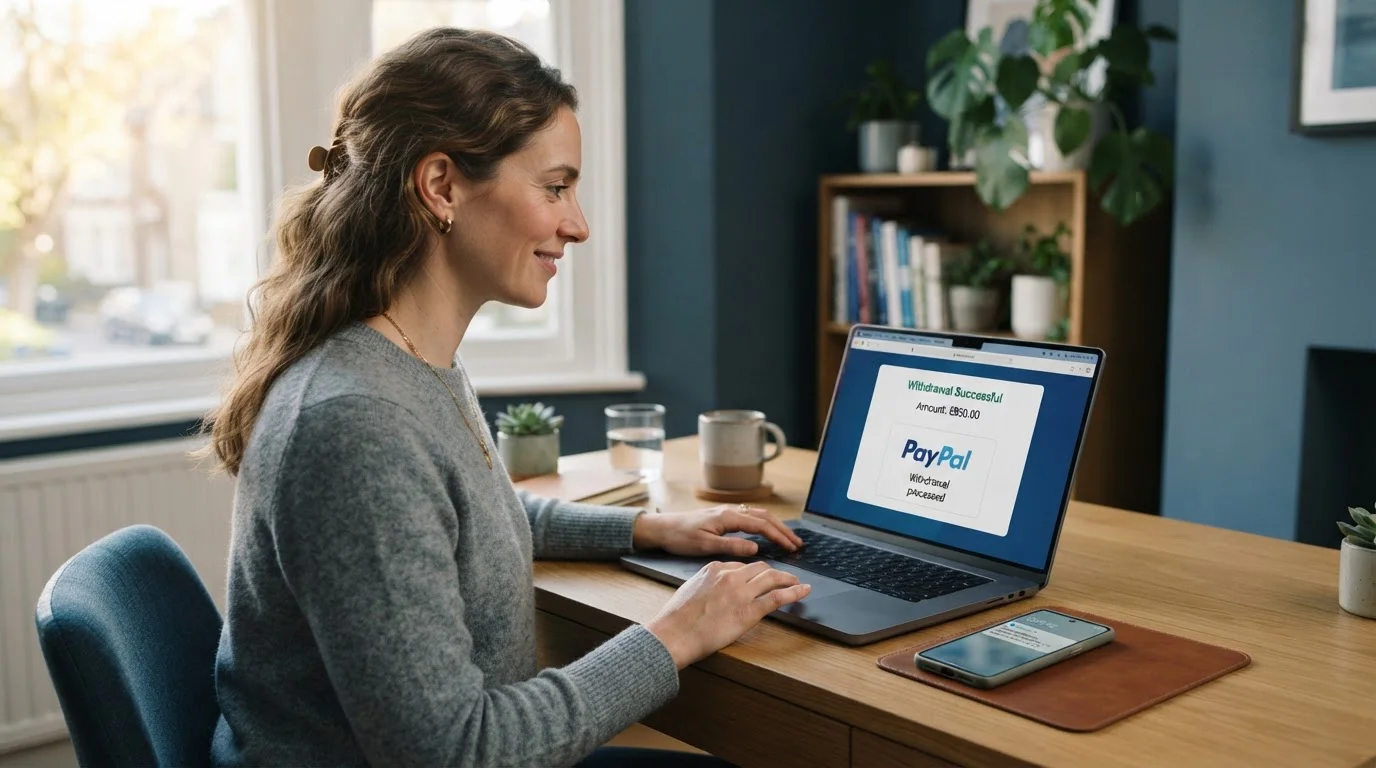 UK casino player checking fast withdrawal on laptop with PayPal on screen