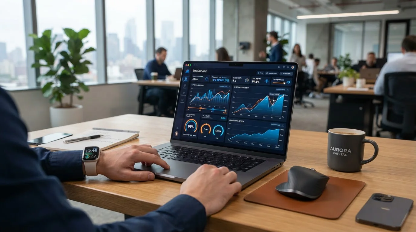 Laptop showing financial dashboard with fast withdrawal timing graphics