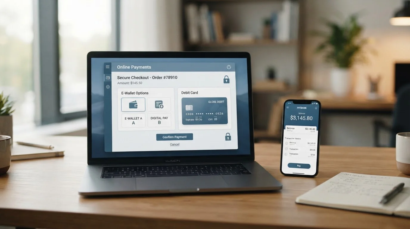 Clean banking interface showing e-wallet and debit card payment options on laptop screen