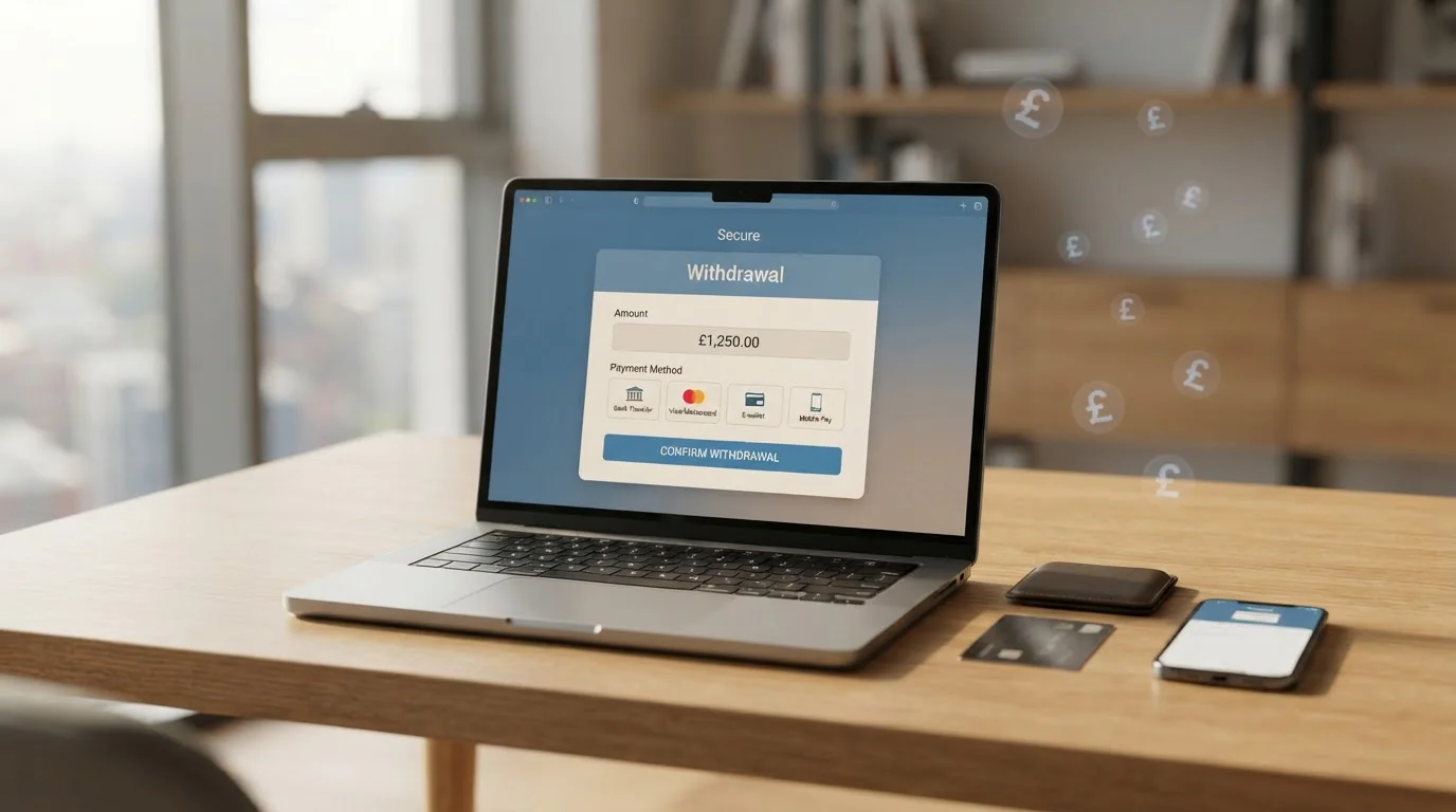 Modern laptop displaying casino withdrawal interface with UK pound symbols and payment method icons