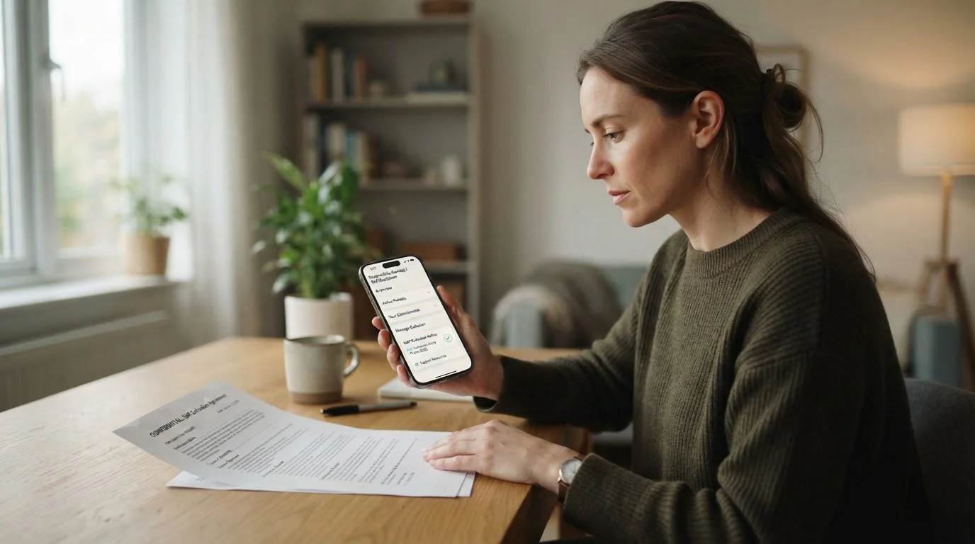Person holding smartphone showing self-exclusion app interface with printed document