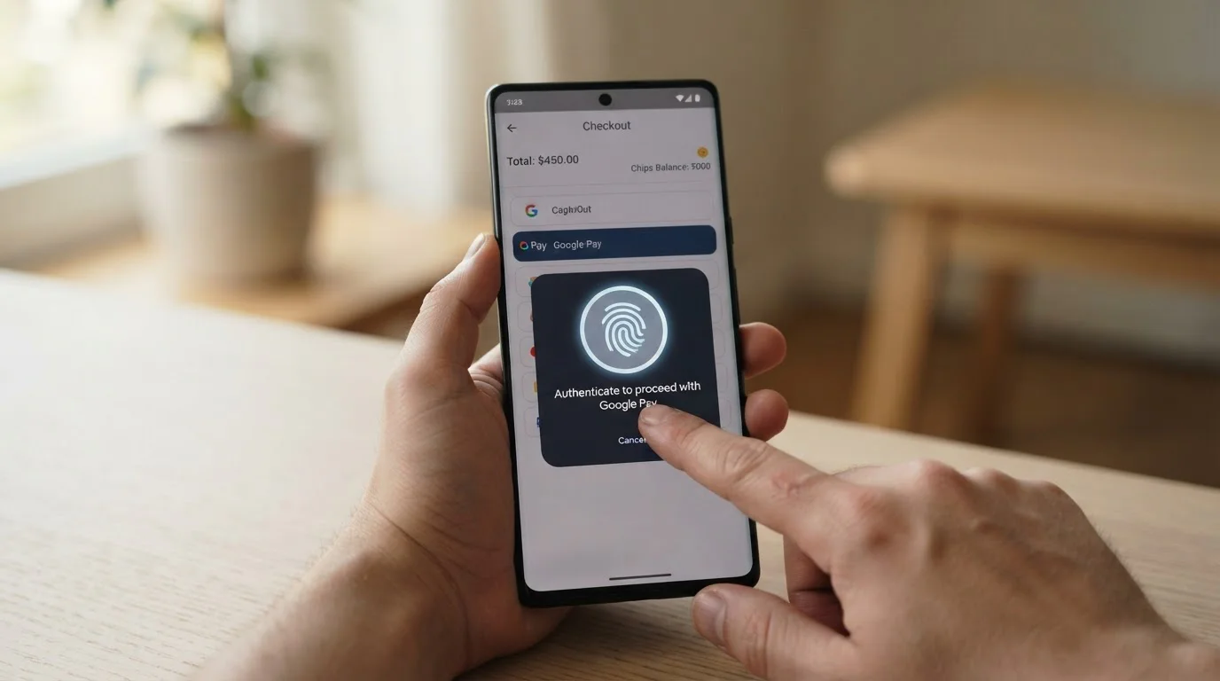 Android phone displaying Google Pay casino deposit interface with biometric prompt