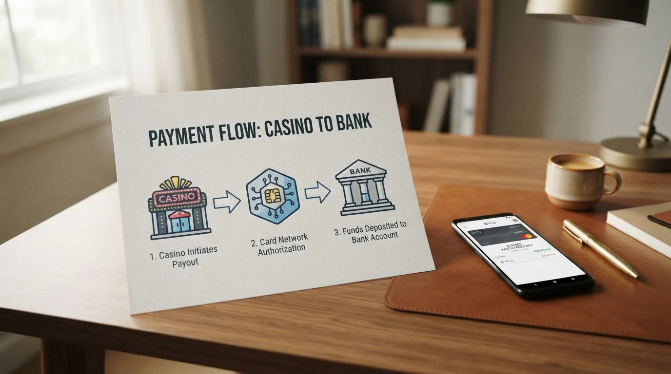 Diagram showing Google Pay withdrawal routing from casino to linked debit card through card network