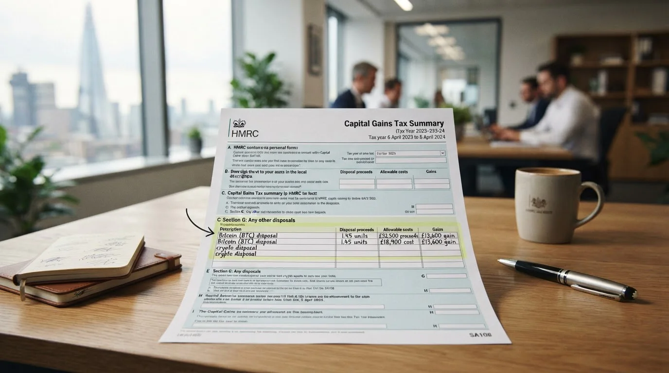 HMRC Capital Gains Tax form with crypto disposal highlighted