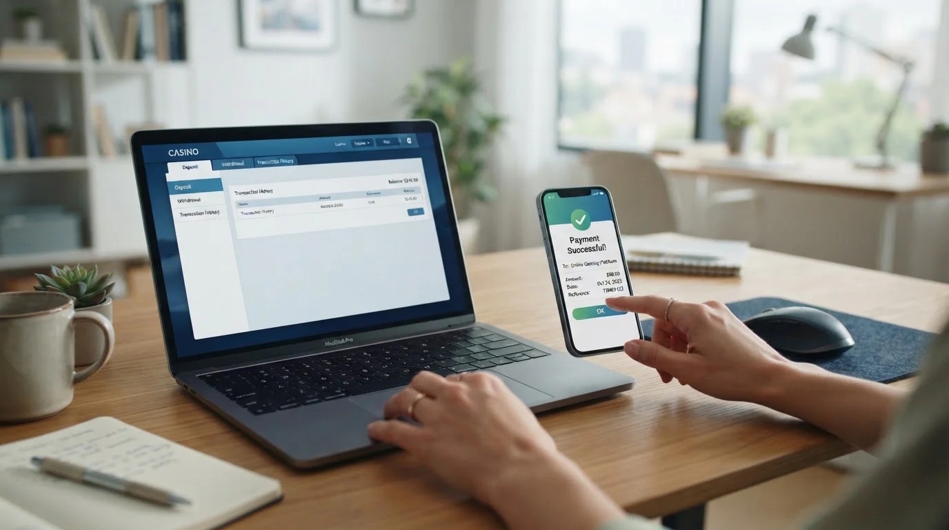 Step-by-step illustration showing mobile phone and laptop completing bank transfer process