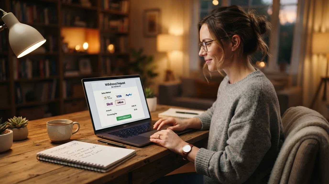 Person at laptop following step-by-step withdrawal process guide