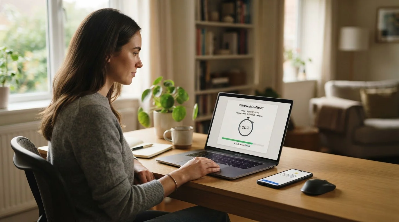 Person viewing laptop with crypto withdrawal confirmation and timer notification