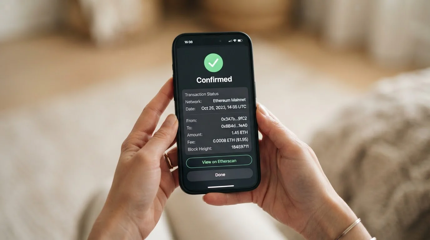 Crypto blockchain confirmation on mobile phone showing fast transaction