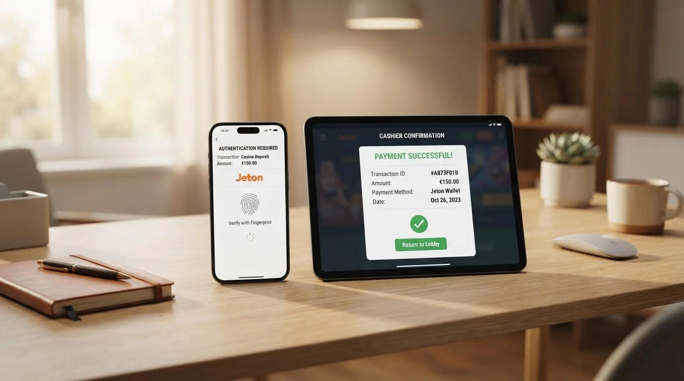 Step-by-step mobile screen flow showing Jeton wallet deposit authentication at casino cashier