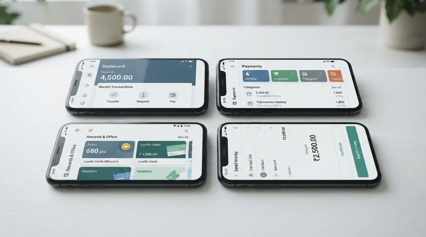 Side-by-side comparison of e-wallet app interfaces showing Skrill, Neteller, PayPal, and Jeton