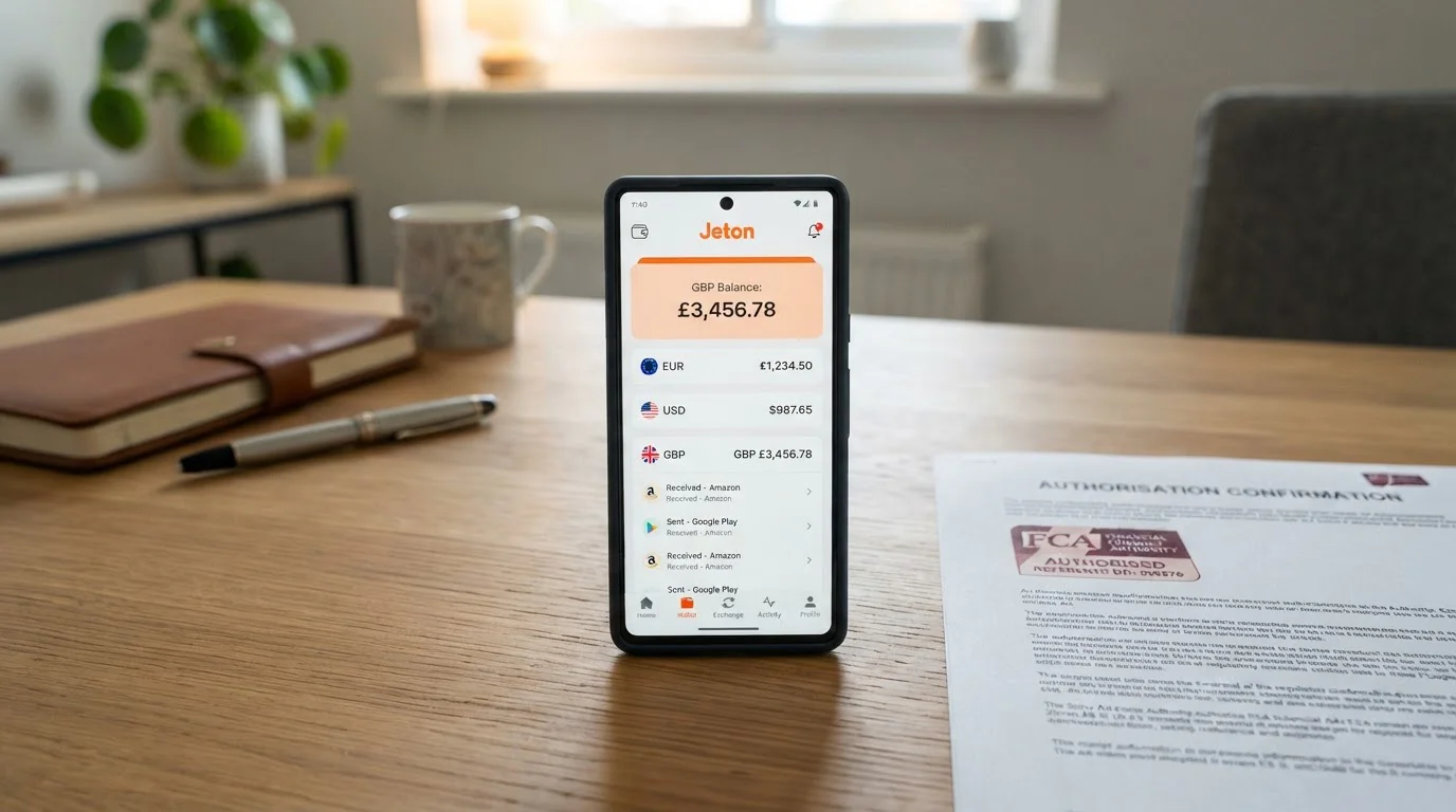 Jeton mobile app interface showing multi-currency wallet with FCA authorisation badge