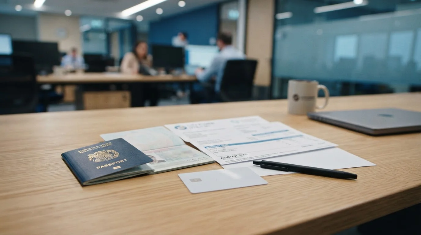 Identity verification documents laid out on a desk for KYC process
