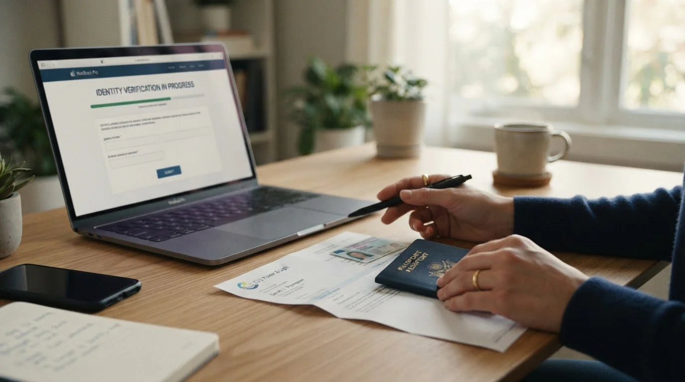 Person reviewing identity documents with laptop showing KYC verification screen
