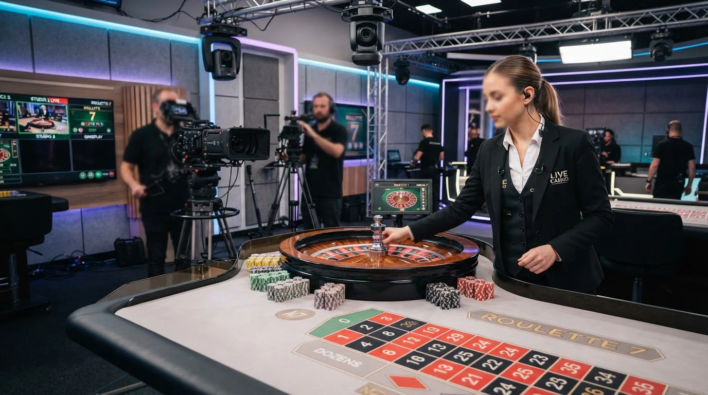 Live casino dealer table with roulette wheel in HD stream