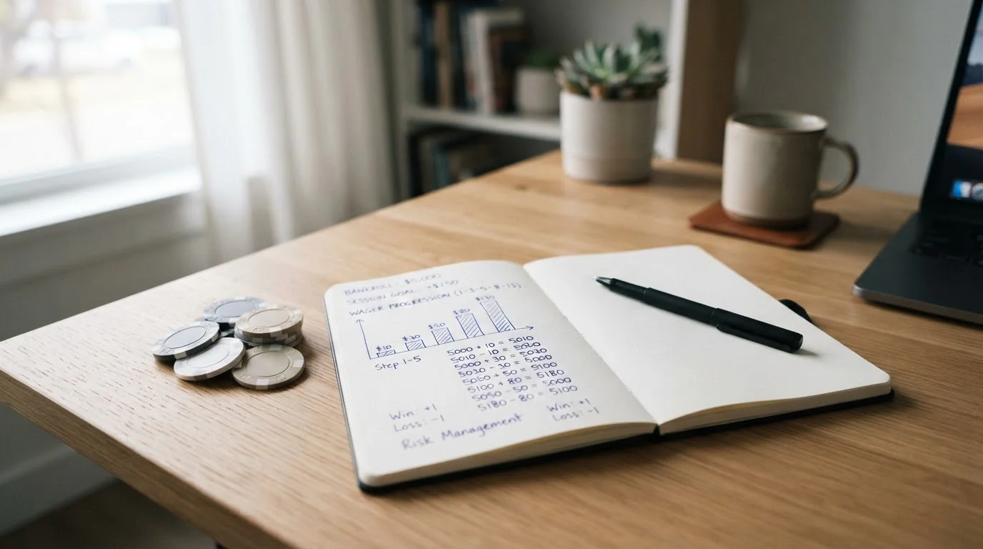 Clean desk with calculator notepad and bonus terms document