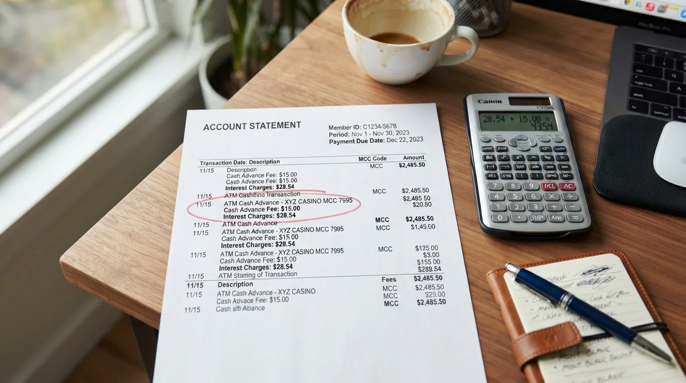 Credit card statement showing MCC 7995 gambling transaction with cash advance fee