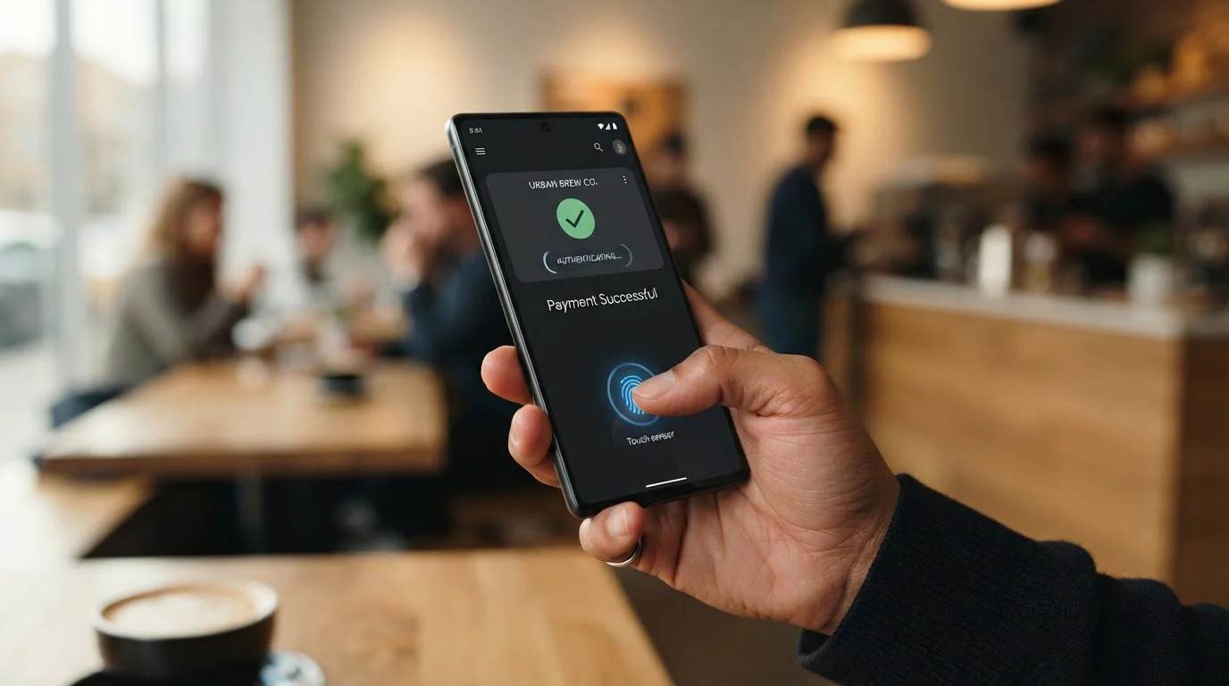 Smartphone showing contactless payment at casino cashier with biometric authentication