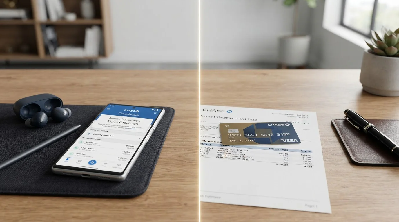 Split composition showing smartphone versus debit card and bank statement