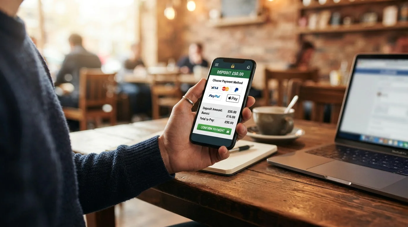Person using smartphone with casino app and multiple e-wallet options displayed