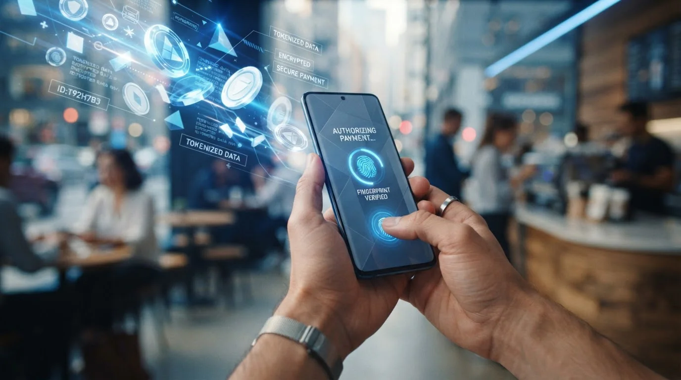 Smartphone with biometric fingerprint authentication and tokenized payment visualization