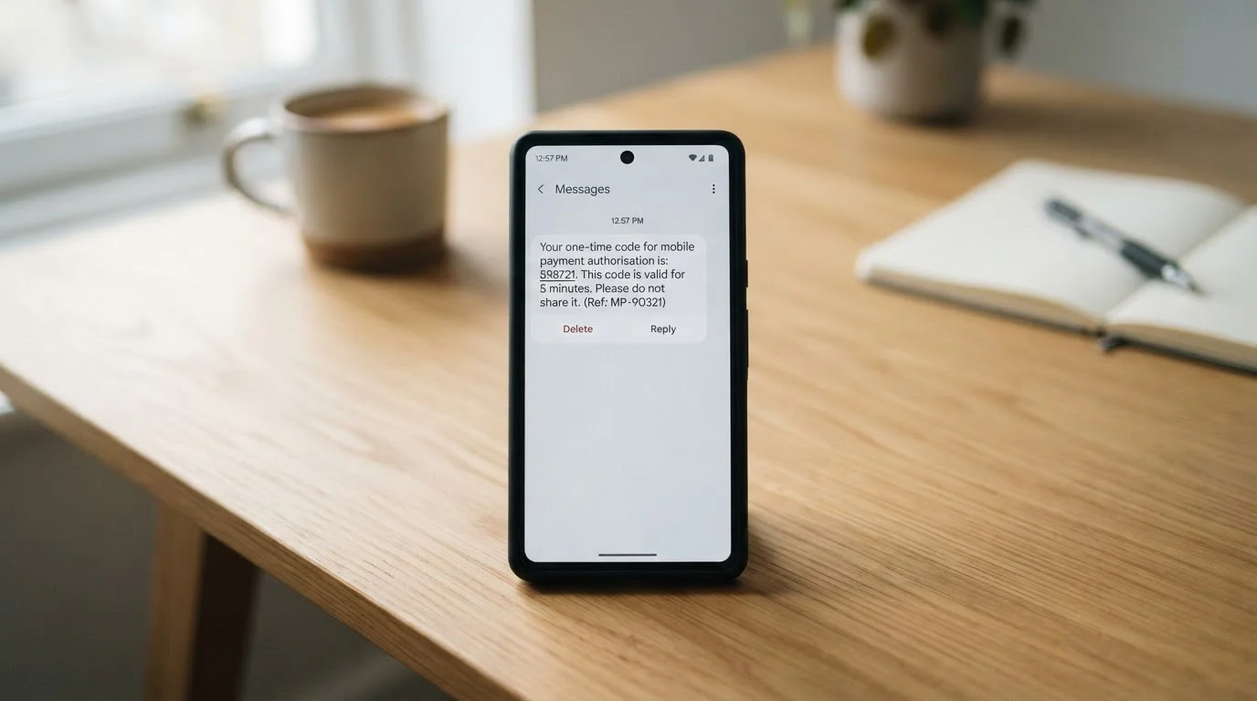Smartphone receiving SMS confirmation message for casino deposit authorization
