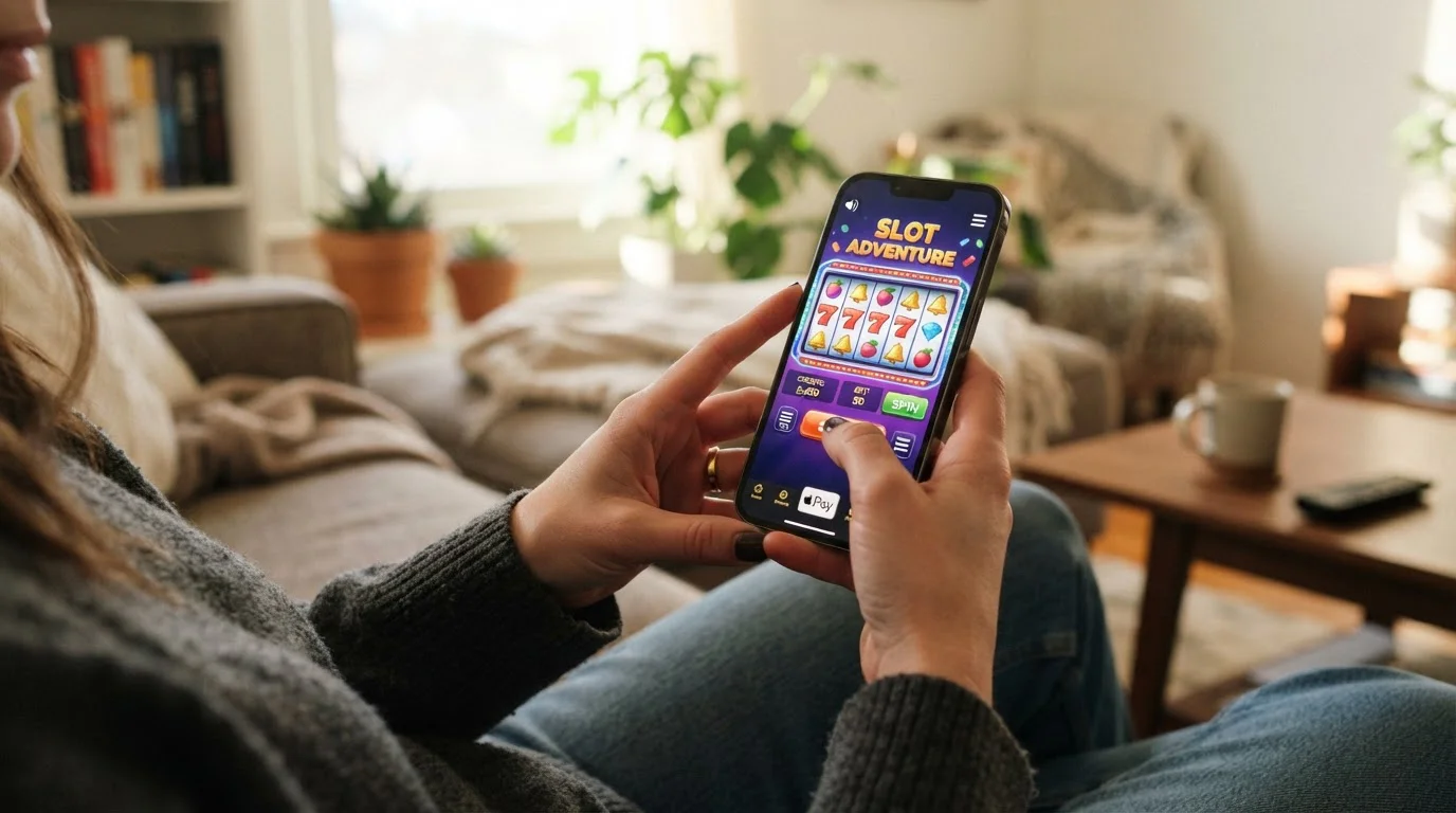 Person playing mobile casino slots on iPhone with Apple Pay ready