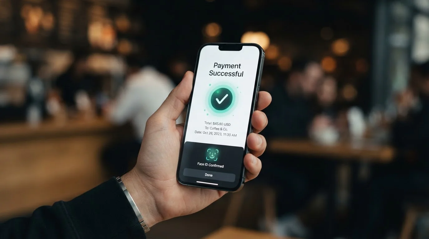 Smartphone showing mobile wallet payment with biometric authentication