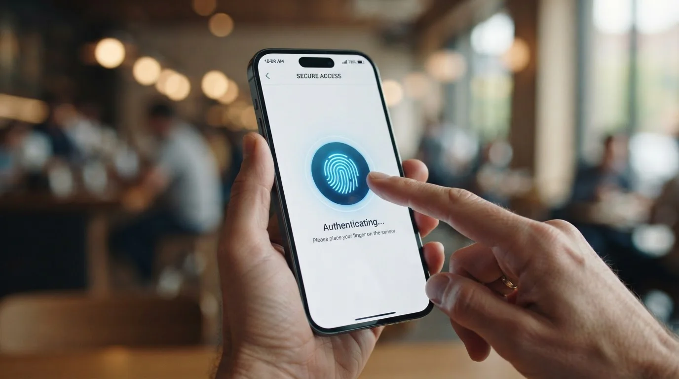 Mobile phone with MuchBetter app showing biometric fingerprint authentication screen