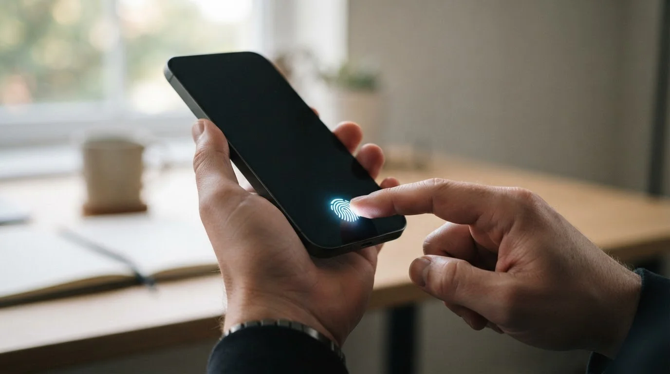 Hand holding a phone using fingerprint authentication to approve a payment