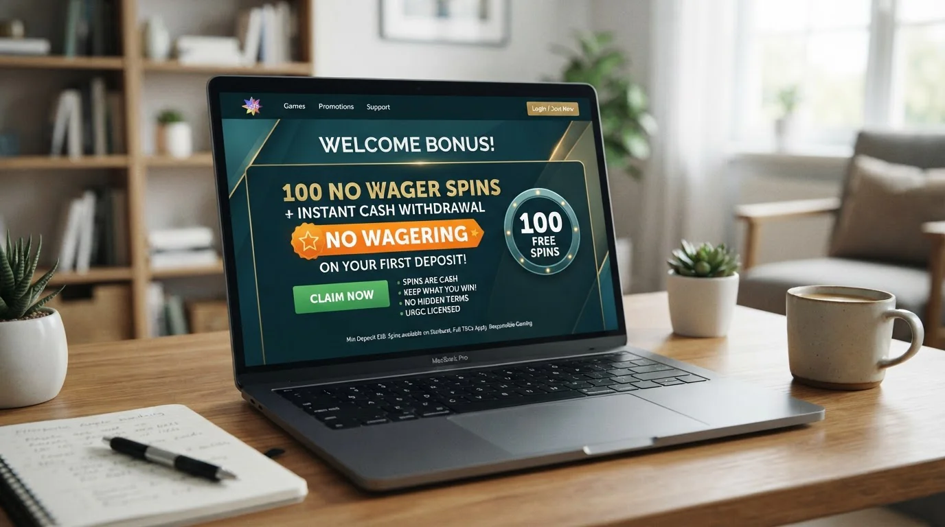Casino welcome bonus notification screen showing no-wagering free spins offer