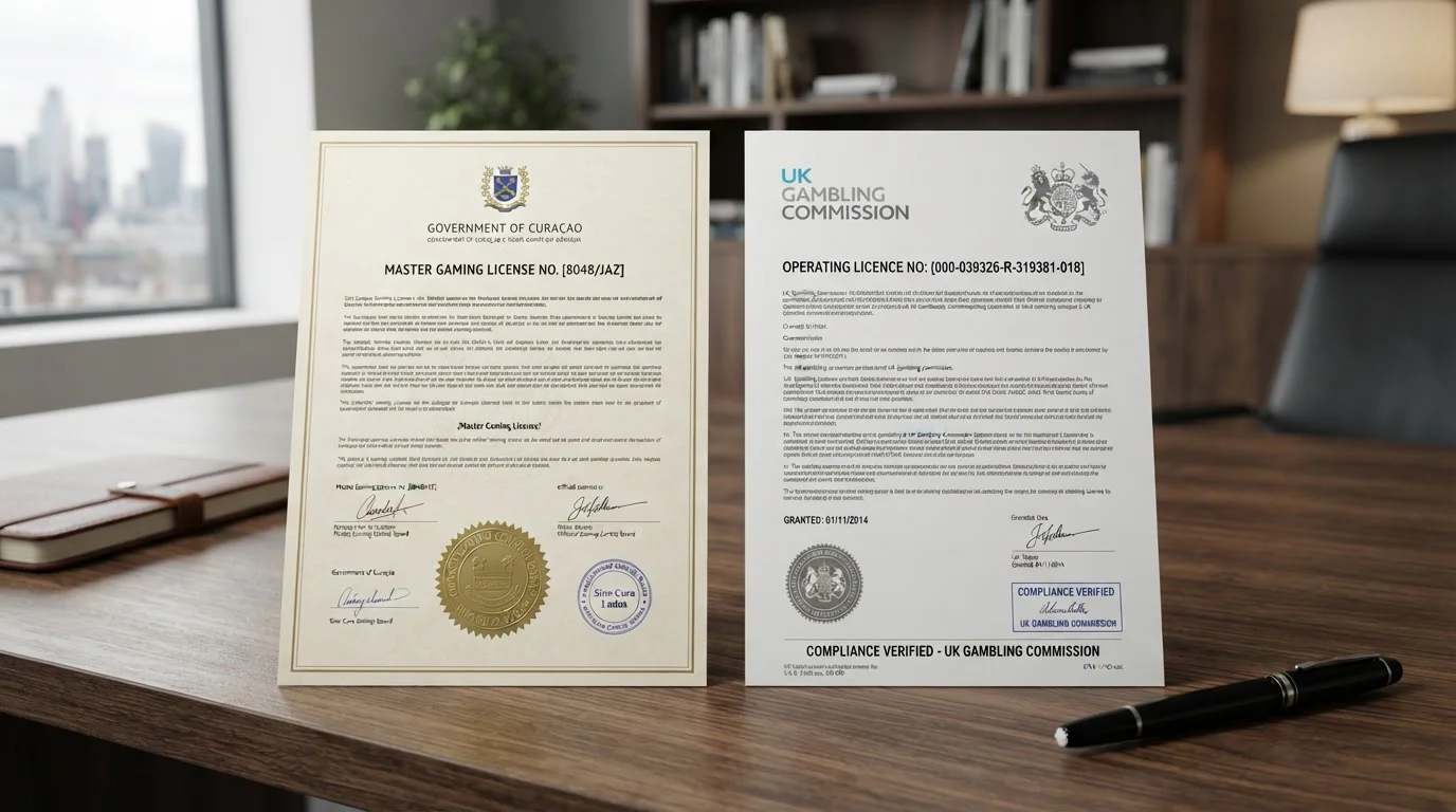 Curaçao gaming licence document next to UK Gambling Commission permit showing regulatory differences
