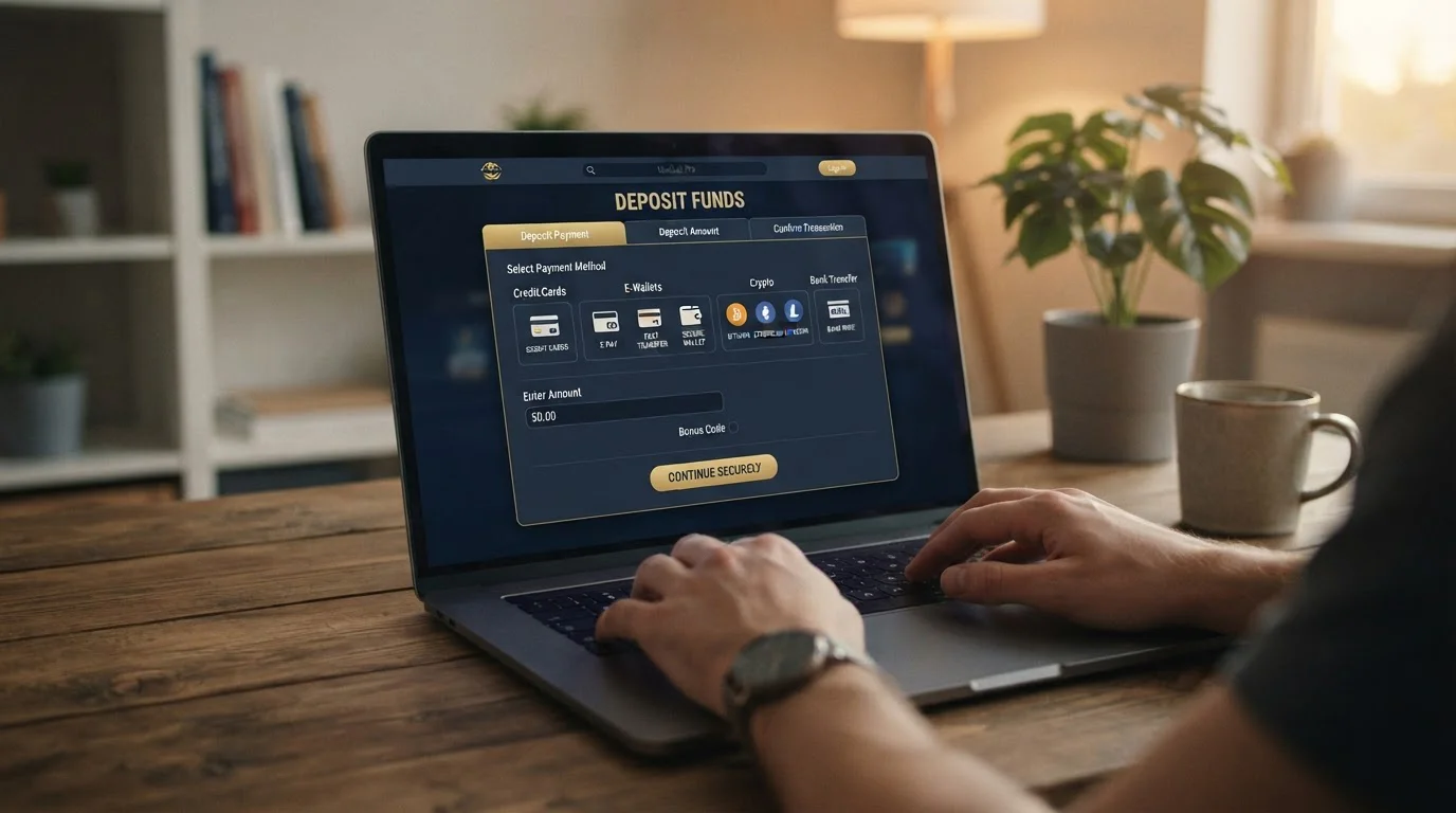 Laptop screen showing offshore casino cashier with multiple e-wallet payment options including Jeton
