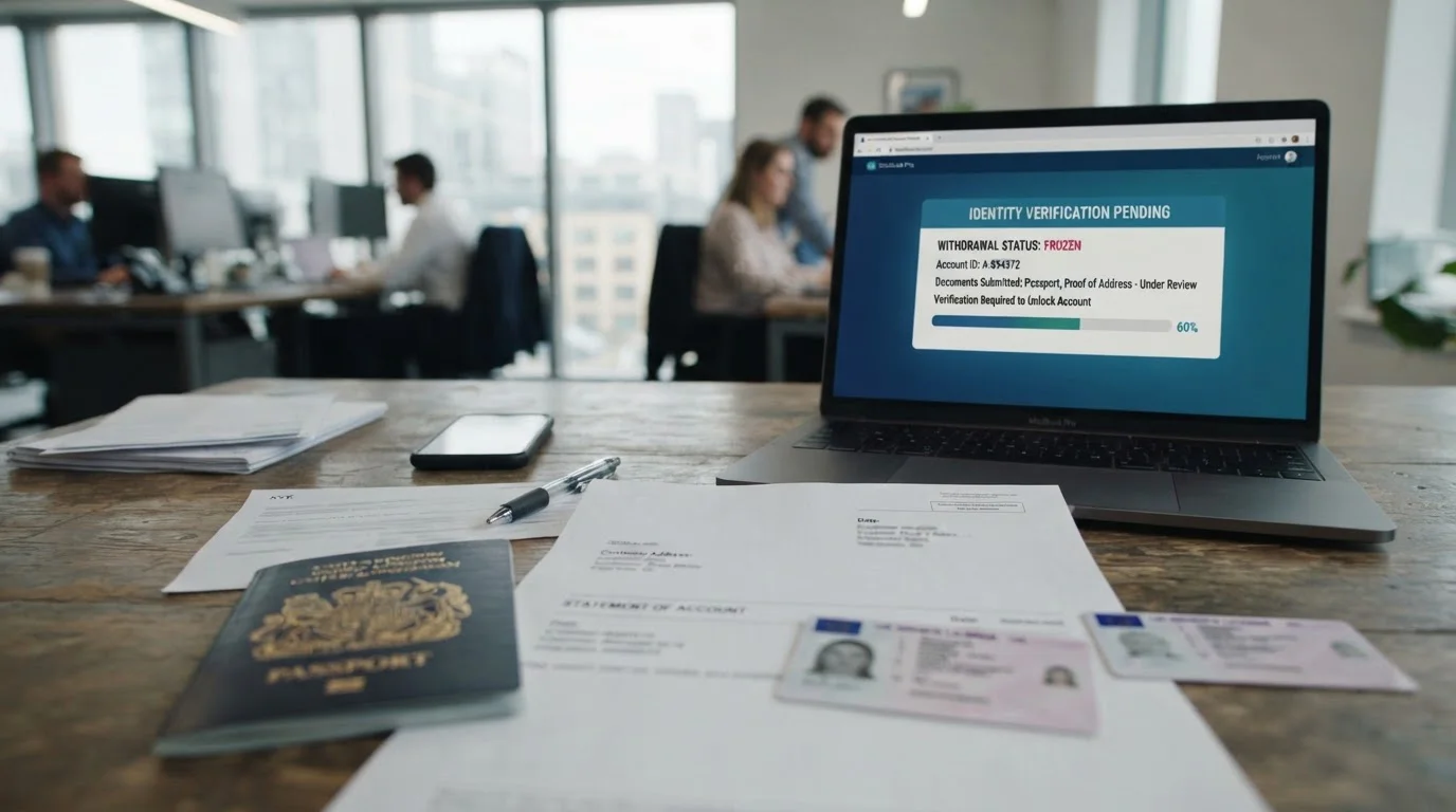 Account verification documents spread on desk with frozen withdrawal screen visible on laptop
