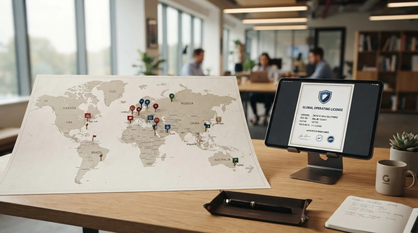 World map on desk with location markers and international license document on tablet