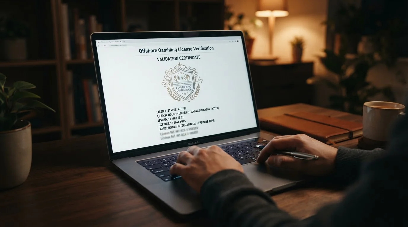 Laptop screen showing offshore gambling license verification page with abstract seal