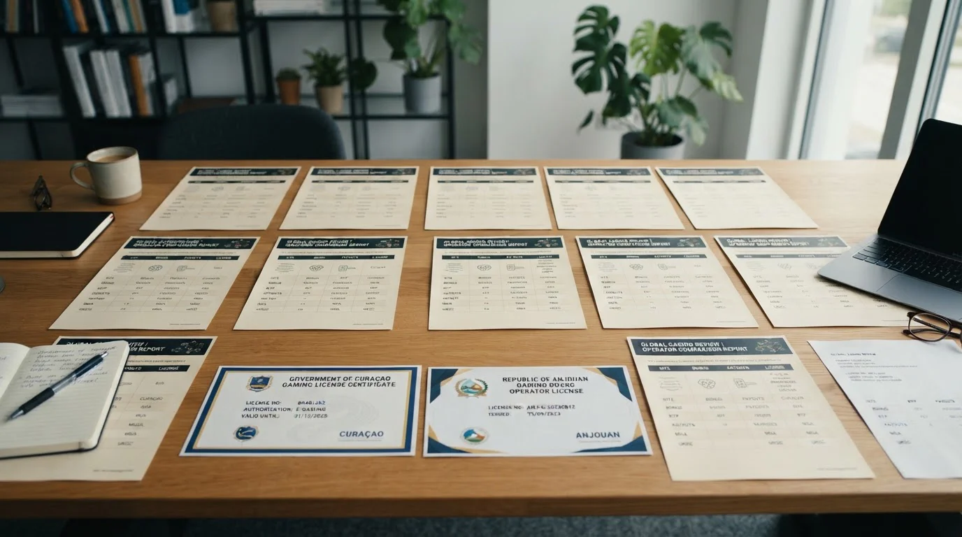 Nine offshore casino logos arranged on desk with Curaçao and Anjouan license documents