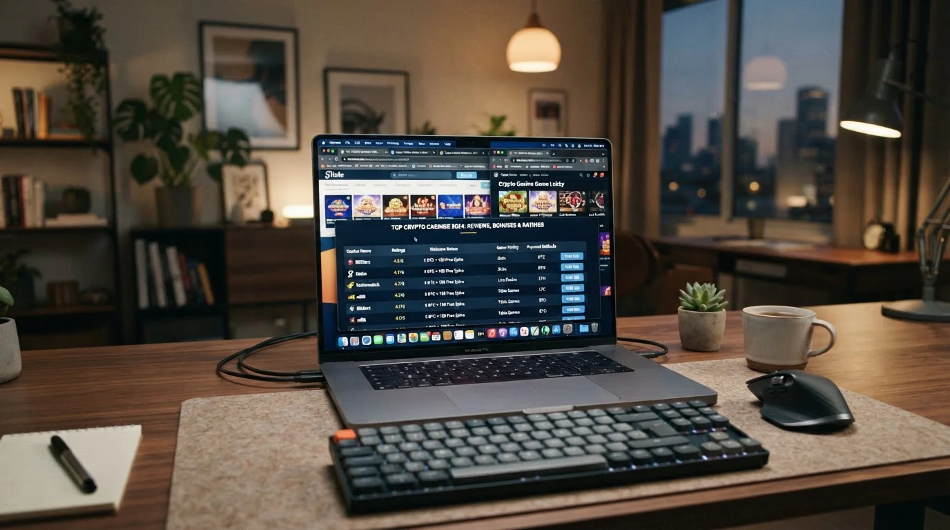Comparison table showing multiple offshore crypto casinos on laptop screens