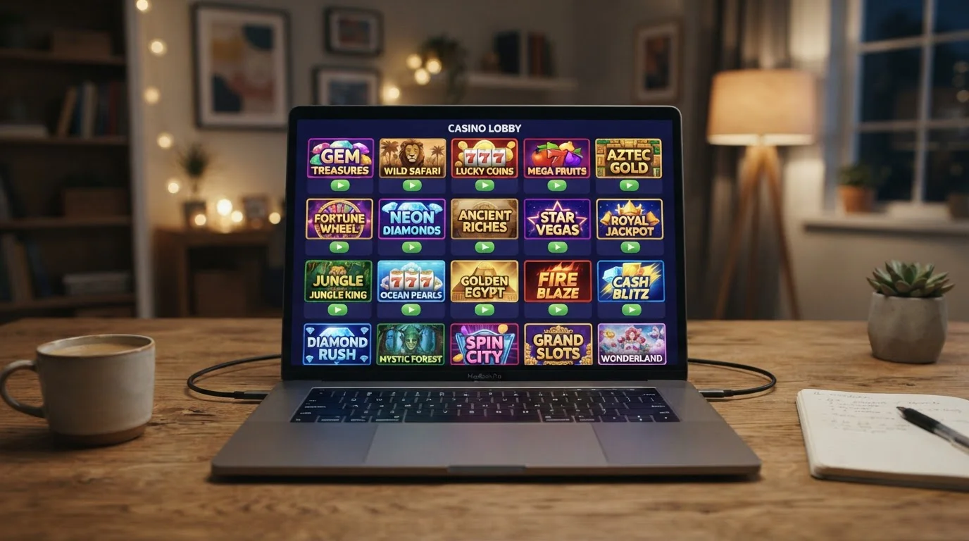 Online casino slot game library on laptop screen