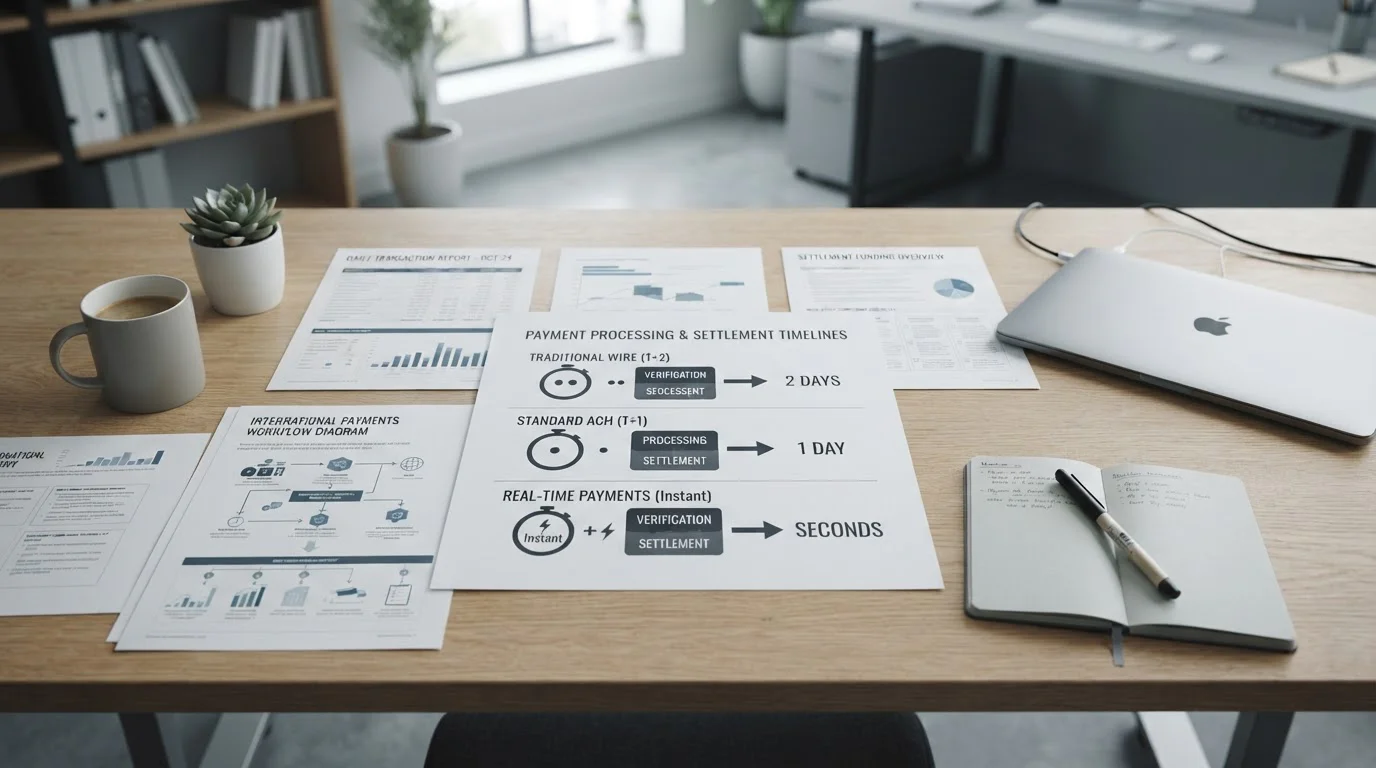 Clean office desk with banking documents and timestamp comparison chart showing settlement speeds