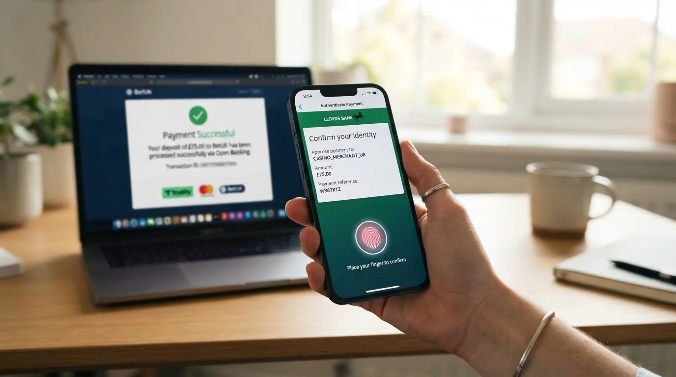 Person authenticating bank payment on smartphone with banking app interface